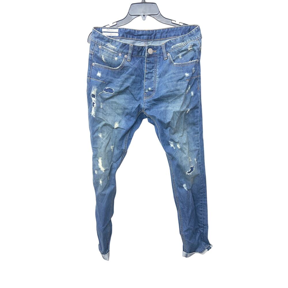 NWT One Teaspoon Men’s Sz 32 Blue Distressed Straight Leg Streetwear Denim Jeans